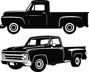 Classic vintage pickup truck silhouettes, black retro vehicle icons for automotive design, transport and delivery service © Al