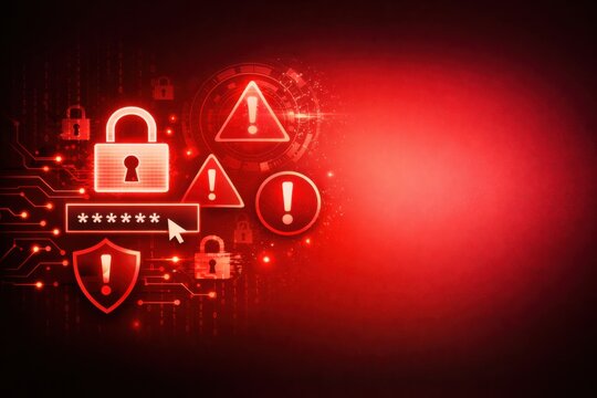Digital red-themed cybersecurity concept with lock icons, password entry, and warning symbols highlighting online security threats and data protection.