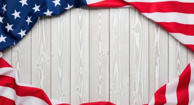 Patriotic American flag border on white wood background, rustic USA flag frame for Fourth of July, national holiday backdrop with copy space