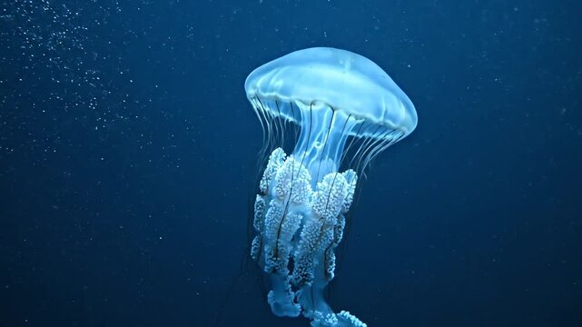 A luminous jellyfish swimming gracefully in deep blue water
