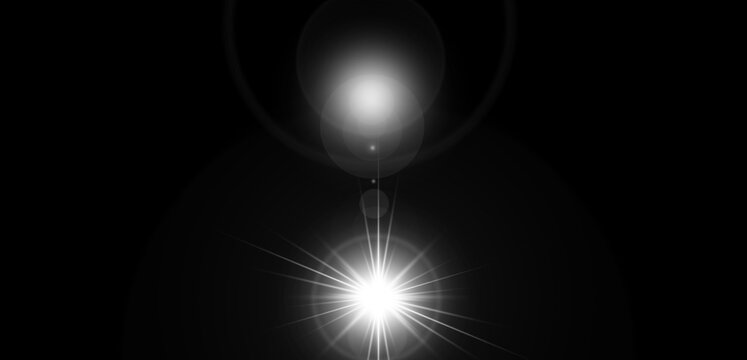 A bright lens flare effect with radiant beams of white light against a solid black background.