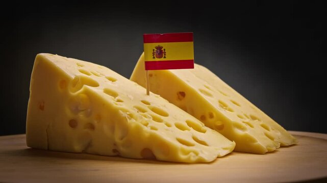 Twirling aromatic cheese wedge sliced from local farms, veins on wooden board and Spain flag, symbolizing Madrid traditions with local produce markets.