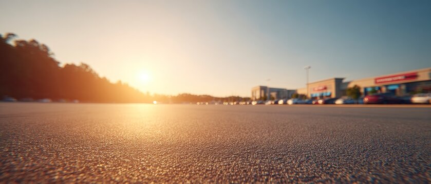 Asphalt Parking Lot During Golden Hour Sunset with Trees and Buildings in Background