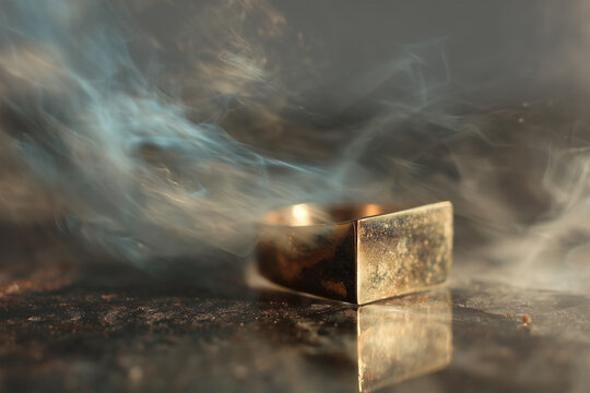 Unfinished Gold Ring Crafting Concept with Mystery Smoke, Luxury Jewelry Design Process, Abstract Golden Circle in Dark Atmosphere