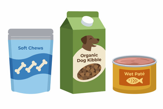 A colorful illustration showcasing various dog food products including soft chews, organic kibble, and wet pates to emphasize pet nutrition and care essentials.