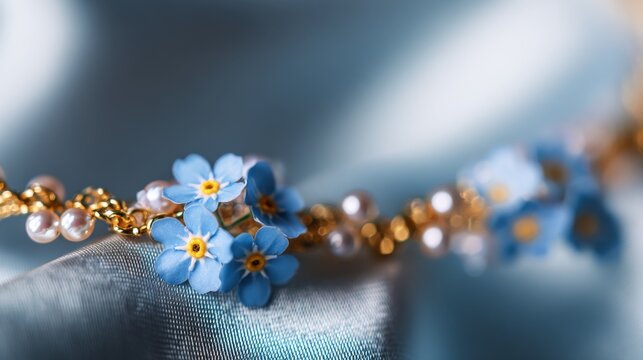 Delicate Forget-Me-Nots Adorned with Pearls and Gold Accents