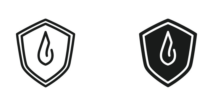 Two shield designs featuring a stylized flame or liquid drop symbol in contrasting styles