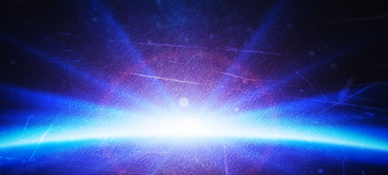 light leak overlay effect background Abstract glowing blue light rays emanating from horizon against dark textured cosmic background with light leaks and dust