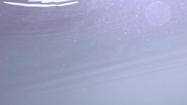 Slow motion underwater view of a calm water surface in soft blue tones. Fine ripples drift across the top as circular lens flares appear, slide slightly, and fade in a clean abstract background.