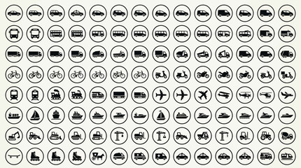 Fototapeta premium A large collection of transportation icons in a flat monochrome style.