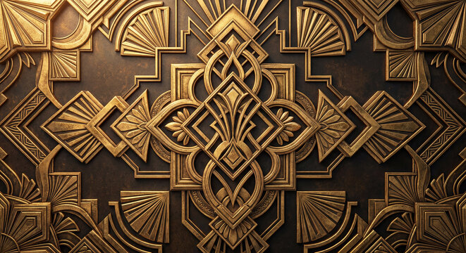 Intricate Art Deco architectural relief in aged gold. Patterns of glamour of the 1920s Gatsby era, suitable for high-end background designs.