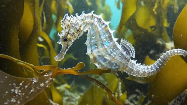 A seahorse swimming among kelp in the ocean