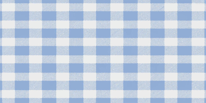 A seamless blue gingham fabric texture with a checkered plaid pattern on cotton cloth material for a picnic tablecloth or textile backdrop design