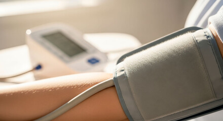 Fototapeta premium Blood pressure monitor arm of a patient undergoing medical checkup in clinic. Health monitoring and cardiology disease prevention.