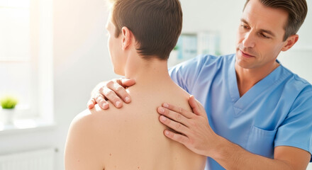 Obraz premium Doctor checking male patient back during physical examination in a clinic. Orthopedic treatment and spine healthcare services.