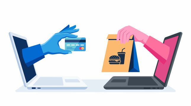 A visual representation of an online food ordering process, showcasing a payment transaction on one side and food delivery on the other, illustrating convenience in dining.