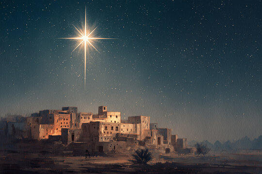 The Star of Bethlehem Shining Over Ancient Biblical Town, Peaceful Watercolor Landscape Concept