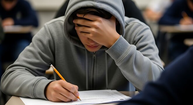 A stressed person with a hand on their forehead working on a written test