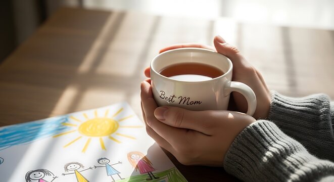 Closeup of a mother holding a best mom coffee mug with a childs drawing in the background on a wooden table