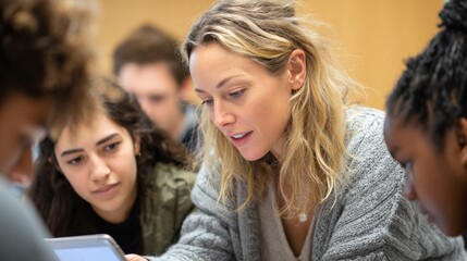 Fototapeta premium Adult learners researching exam questions together spotlight on a woman pointing to a complex problem on a tablet with peers blurred behind.