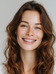 Naklejka premium Smiling Young Woman With Braces And Golden Glitter On Her Face And Hair Studio Portrait