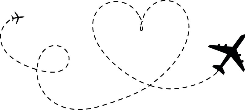 Airplane flying and tracing heart shape dashed line path on checkered background travel love concept. vector illustration