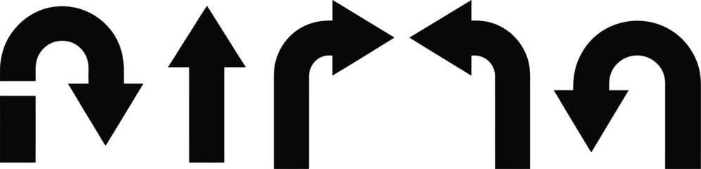 Traffic arrow sign icon set, flat vector icons featuring right left turn and U turn arrows for road navigation traffic guidance and wayfinding design. © Mr. Tasin
