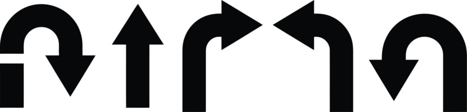 Traffic arrow sign icon set, flat vector icons featuring right left turn and U turn arrows for road navigation traffic guidance and wayfinding design.