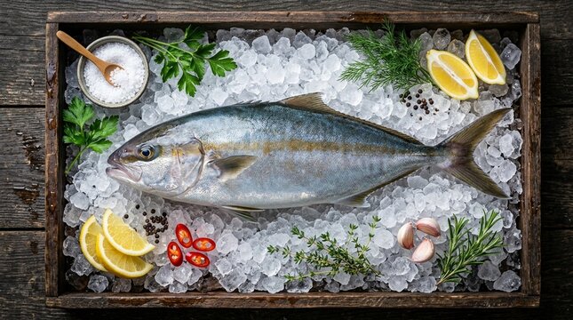 Amberjack Fish Pattern on Deep Navy Ocean Surface Design