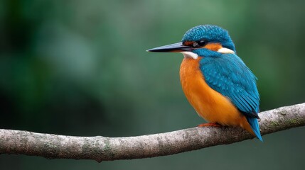 Fototapeta premium Vibrant Kingfisher Bird Perched on a Mossy Branch in Soft Natural Daylight