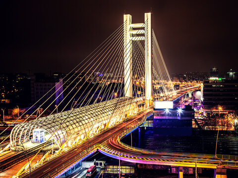 Basarab overpass cable-stayed bridge spanning bucharest city night