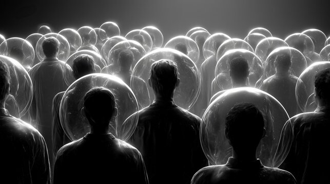 Cinematic black and white shot of silhouettes inside glowing glass spheres representing social isolation, distance, and individual life bubbles.