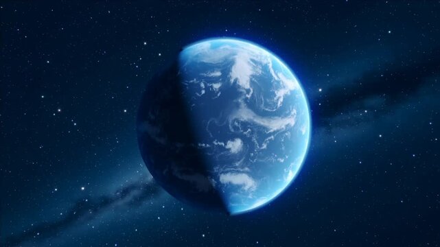 Blue Planet Slowly Rotating with Glowing Atmosphere and Star Background