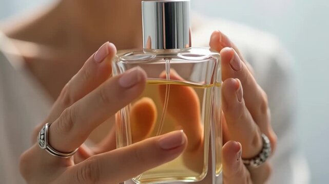 Elegant woman holding a glass perfume bottle close to her chest, close up of hands with rings and manicured nails conveying luxury and scent