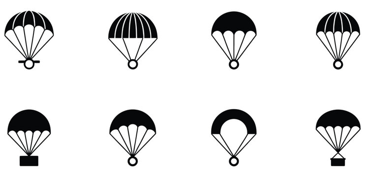 Parachute icons set, vector illustrations of open and deployed parachutes, skydiving, and aerial safety symbols, clean flat and outline design suitable for sports