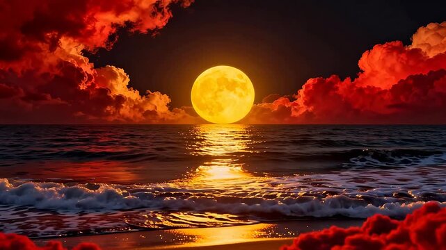Full moon over ocean with red clouds