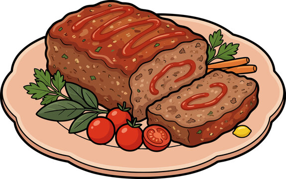 Vector illustration of fresh sliced salami and meatloaf served on a plate with vegetables and herbs isolated on a white backgrounda