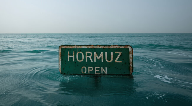Hormuz open sign in ocean water symbolising global oil trade shipping routes geopolitics and middle east maritime security