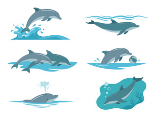 Obraz premium Dolphin vector illustration set, six isolated scenes featuring jumping, swimming, and underwater play