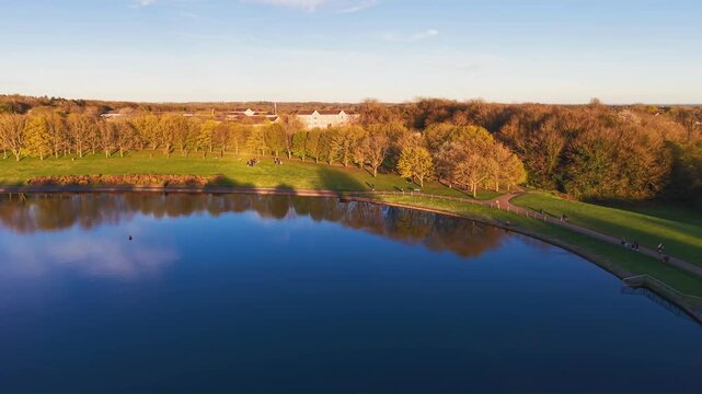 Aerial b roll view of Fairlands Valley Park in Stevenage. England