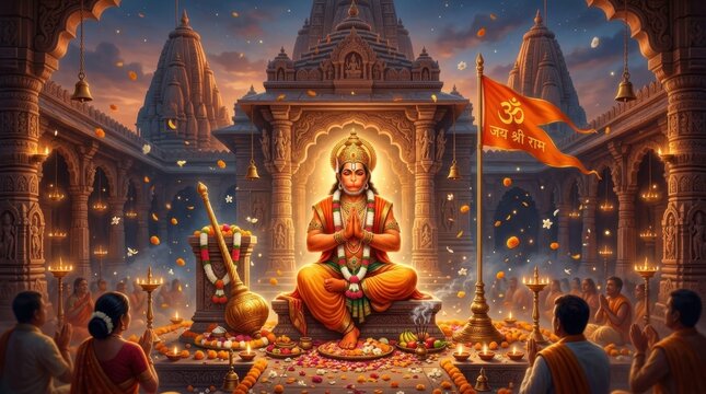 Hanuman Jayanti devotional scene with a stylized temple background, floating petals and light particles, symbolic elements like mace and flag arranged harmoniously, warm