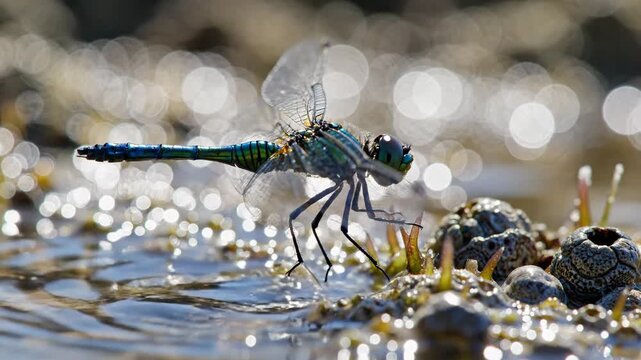 A Dragonfly Standing on Rocks Near Water with Bokeh Light
