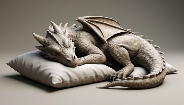 A dragon is sleeping on a soft pillow in a calm setting. The dragon has large wings and scales, creating a serene atmosphere around the dragon.