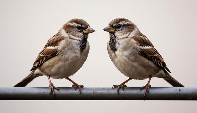 Two sparrows sit closely on a metal perch. The sparrows exhibit detailed feather patterns and engage in apparent communication.