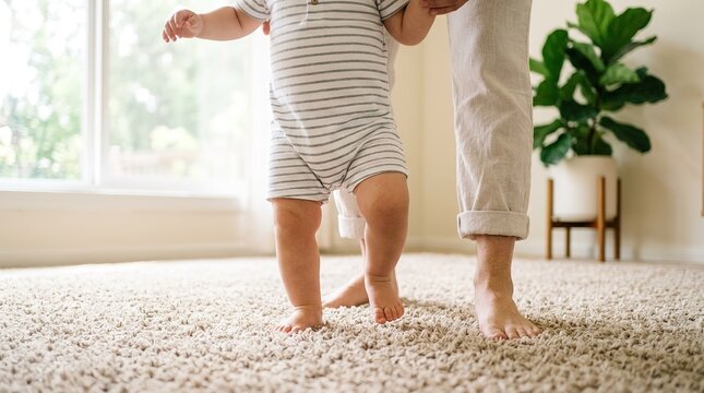 Baby learning to walk with parent support on carpeted floor in living room with plant