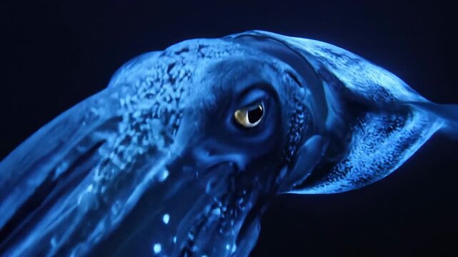 A blue octopus with glowing skin in the dark ocean depths