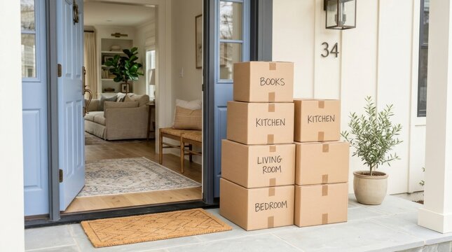 a welcoming close-up shot of a tidy stoop featuring neatly stacked cardboard boxes on a doorstep, framed by a stylish entryway leading to a chic living room in the