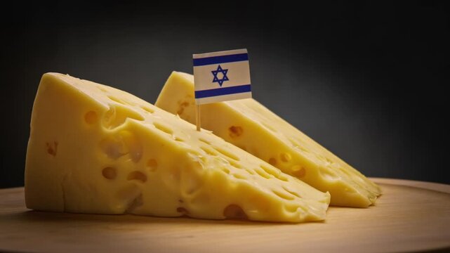 Hard cheese cube on board from traditional farms and Israel flag.