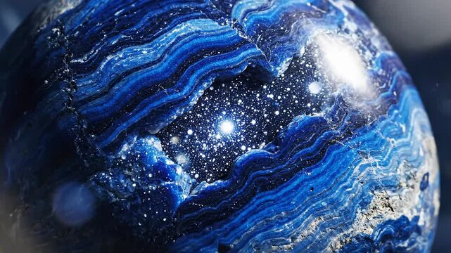 A blue gemstone with shimmering light inside its geode form