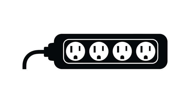 Black power strip with four outlets shown in a stark silhouette